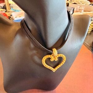 Vintage Gold Heart Pendant Black Cord Choker Necklace